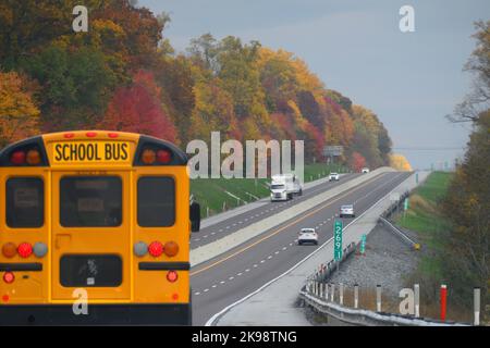 Am 26. Oktober 2022, zwischen Harrisburg und Philadelphia, Pennsylvania, USA, rast der Verkehr am Laub der Bäume vorbei, das in den höchsten Herbstfarben auf der Pennsylvania Turnpike Interstate I-76 liegt. In zwei Wochen gehen die Amerikaner zu den Wahllokalen für die Halbzeitwahlen, deren Ergebnisse massive Auswirkungen auf die Gestalt der Nation haben könnten. Kredit: OOgImages/Alamy Live Nachrichten Stockfoto
