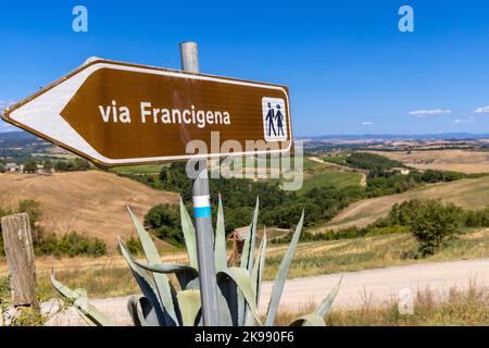 Landschaft entlang der Via Francigena mit Schlammstraße, Feldern, Bäumen und Weinbergen. Schild in Richtung Monteroni d'Arbia, Route der Via francigen Stockfoto