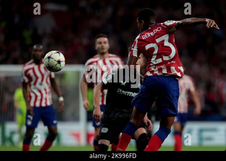 Madrid, Spanien. 26. Oktober 2022. Madrid Spanien; 10.26.2022.- Atlético de Madrid gegen Bayer Leverkusen Champions-League-Fußballspiel am Spieltag 5 von 6 im Stadion Civitas Metrpolitano in der Hauptstadt des Königreichs Spanien. Das Endergebnis liegt bei 2. Atlético de Madrid Tore von Yannick Carrasco 22  und Rodrigo de Paul 50  Tore von Bayer Leverkusen von Moussa Diabi 9 und Callum Hudson-Odol 29  Quelle: dpa/Alamy Live News Stockfoto