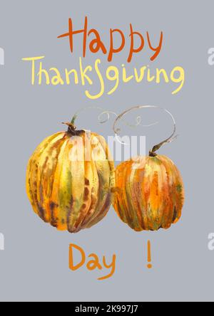 Thanksgiving Aquarell Illustration Grußkarte mit Kürbissen Stockfoto