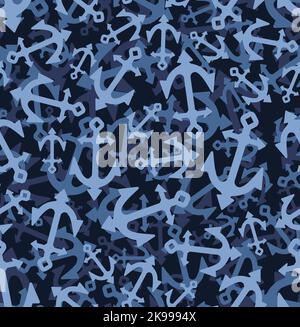 Anchor Schiff blau Camouflage Winter Muster nahtlos. Blauer Hintergrund der Armee. Schützender Soldat und Jagd Winter-Zeit Textur Stock Vektor