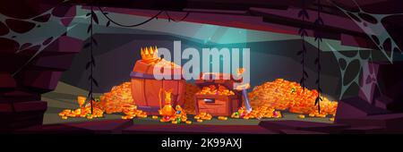 Schatzhöhle mit Piratentruhe, goldene Münzen im Holzfass, Kristallsteine, Krone, Schwert im Haufen Gold und Kelch mit kostbaren Steinen, uraltes Fantasy-Zaubergrab, Beute, Cartoon-Vektor-Illustration Stock Vektor