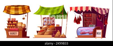 Eine Reihe von lokalen Marktständen isoliert auf weißem Hintergrund. Cartoon-Vektor-Illustration von Straßengeschäften, die Honig, Lebensmittel und frisches Fleisch verkaufen. Farbenfrohe Stände mit heimischen Speisen. Design-Elemente für Spiele Stock Vektor