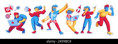 Set von kreativen jungen Profis bei der Arbeit isoliert auf weiß. Zeitgenössische Vektordarstellung aktiver männlicher, weiblicher Charaktere mit Laptop, Smartphone, Zeichnung mit Marker, Sprechen im Megaphon Stock Vektor