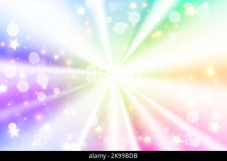 Holographischer radialer Foliengradient-Hintergrund mit Sternen funkelt und Bokeh. Fantasy Kreis konische Textur. Regenbogen Einhorn Tapete. Vektor Stock Vektor