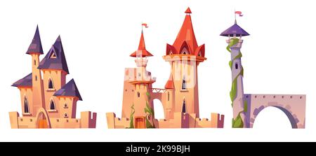 Alte mittelalterliche Burgen mit Steinmauern, hölzernen Toren, Bögen, Türmen, Fenstern und Fahnen auf dem Dach. Fantasy-Königreich Häuser isoliert auf weißem Hintergrund, Vektor-Cartoon-Illustration Stock Vektor