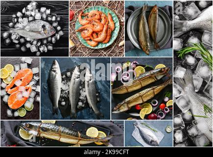 Collage aus frischen Meeresfrüchten auf dunklem Hintergrund Stockfoto