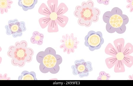 Zartes Vektor-Muster mit einfachen, von Hand gezeichneten Blumen auf weißem Hintergrund. Leichte flache Cartoon Pastell florale Textur für Kinderzimmer Stoffe und Tapeten Stock Vektor