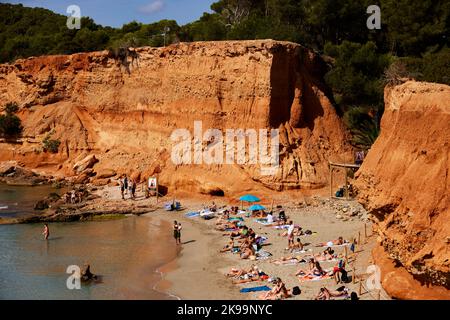 Hafenstadt Ibiza Balearen, Spanien Mittelmeer, Sa Caleta Bucht Playa es Bol Nou Stockfoto