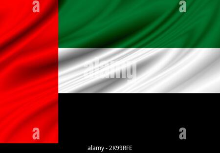 Nahaufnahme der schwenkenden Flagge der vereinigten arabischen emirate. Flaggensymbole der vereinigten arabischen emirate. Stockfoto