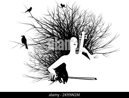 Frau, die Cello spielt, trockene Äste und Silhouetten von Krähen auf ihnen. Abbildung mit schwarzer Tinte auf weißem Hintergrund. Stock Vektor