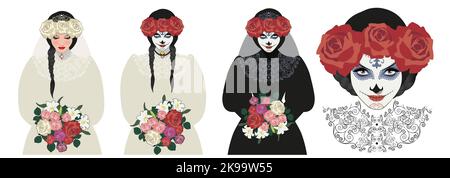 Drei Versionen einer Frau in alten Kleidern, hell und dunkel, mit Blumen, Schleier und Brautstrauß. Mexikanische Tag der Toten Make-up und st Stock Vektor