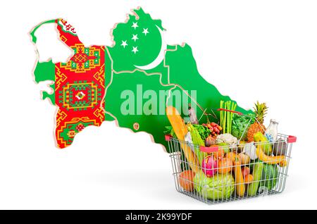 Kaufkraft und Marktkorb im Turkmenistan-Konzept. Warenkorb mit turkmenischer Karte, 3D Rendering isoliert auf weißem Hintergrund Stockfoto