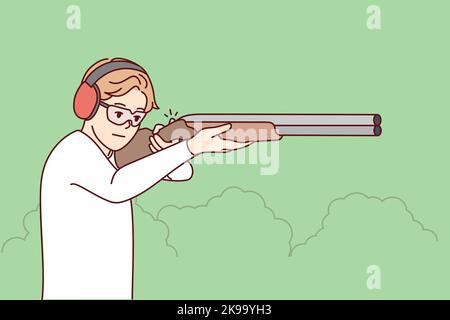 Mann in Kopfhörer und Brille schießen mit Gewehr in Schießstand. Kerl mit Waffe in den Händen Jagd im Park. Vektorgrafik. Stock Vektor