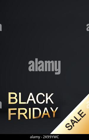 Black friday Sale 3D goldener Text auf schwarzem Hintergrund für Social-Media-Geschichte vertikales Format. Luxus und elegante schwarze freitag Verkauf 3D Illustration. Stockfoto