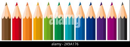Set mit Farbstiften. Holzreihe auf weißem Hintergrund. Buntstifte, Vektorbanner Stock Vektor