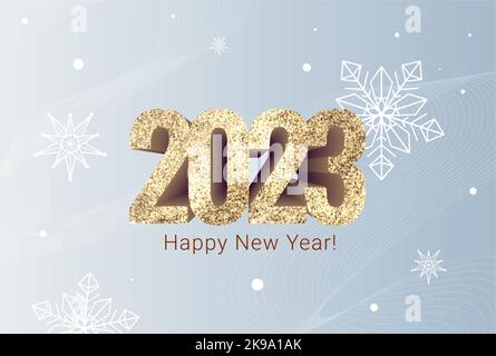 Volumetrischer glänzender Text und Happy New Year auf hellblauem Hintergrund mit Schneeflocken Stock Vektor