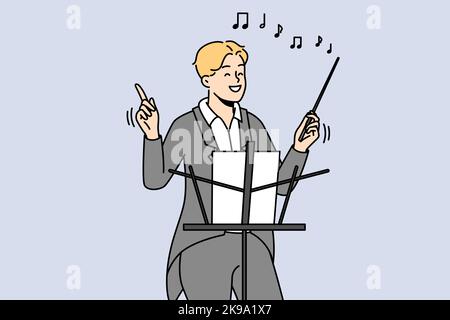 Lächelnder männlicher Dirigent in formalwear hält den Taktstock, der im Konzertsaal arbeitet. Fröhlicher Mann Musiker oder Künstler mit Stick Conduct Performance. Vektorgrafik. Stock Vektor