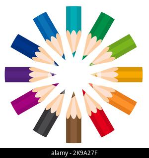 Set mit Farbstiften. Holzbleistift in einem Kreis auf weißem Hintergrund angeordnet. Buntstifte, Vektorbanner Stock Vektor