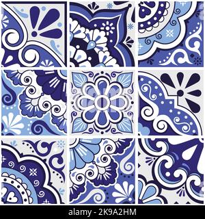 Mexikanische talvera Keramikfliesen mit marineblauem Dekor, Blumen, Blättern und Wirbeln, perfekt für Tapeten, Wohndekor, Textil- oder Stoffdruck Stock Vektor