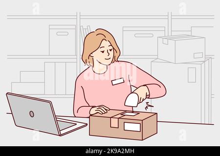 Eine Mitarbeiterin arbeitet im Lager mit dem Scanner. Lächelnde Arbeiterin, die Pakete in einem Lager oder Depot verpackt. Beruf. Vektorgrafik. Stock Vektor