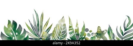 Aquarell abstrakter tropischer Blatthintergrund. tropisches Blattmuster. Rand mit grünem Laub. Design-Element für Sommer und Frühling. Dekoration. Dschungel Stockfoto