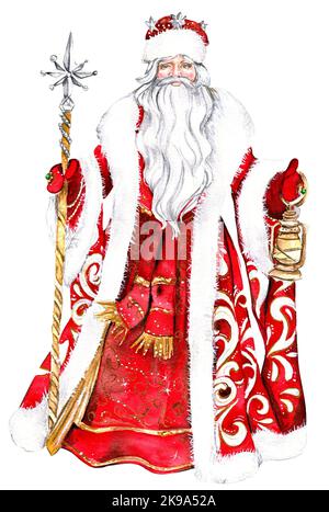 Aquarell-Illustration des Weihnachtsmannes mit Weihnachtsstab und Lampe, Grußkarte zum neuen Jahr, russischer Weihnachtsmann mit langem whitу-Bart.Weihnachtsmann in Rot Stockfoto