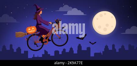 Scary Hexe auf einem magischen Fahrrad mit ihrer schwarzen Katze und fliegen in den Himmel, Halloween-Konzept Stock Vektor