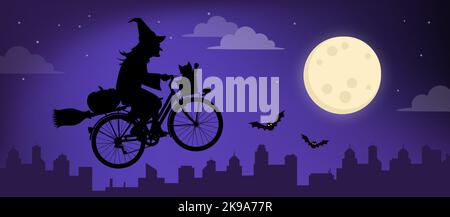 Unheimliche Hexe, die auf einem Fahrrad fährt und in der Halloween-Nacht in den Himmel fliegt Stock Vektor