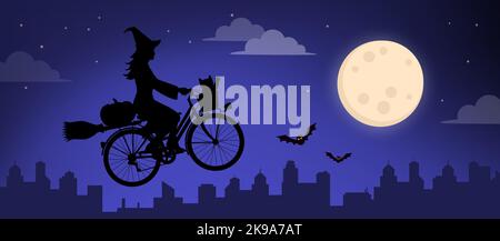 Unheimliche Hexe, die auf einem Fahrrad fährt und in der Halloween-Nacht in den Himmel fliegt Stock Vektor