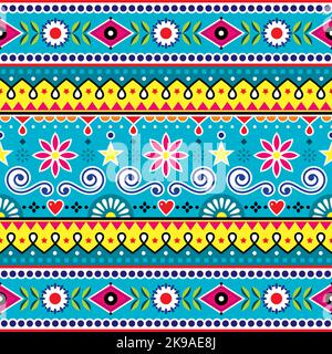Pakistanische und indische nahtlose Vektor-Muster, Jingle LKW-Kunst-Design, farbenfrohe Ornament mit Blumen und abstrakten Formen Stock Vektor