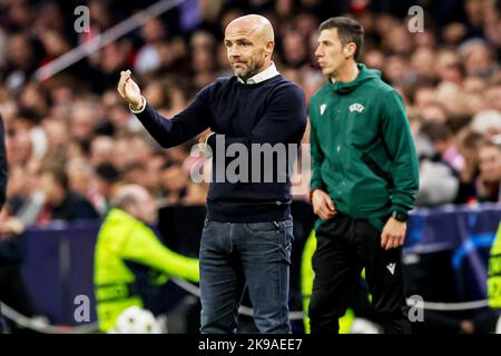 Amsterdam, Niederlande - 26. Oktober 2022, Trainer Alfred Schreuder von Ajax während der UEFA Champions League, Gruppe A Fußballspiel zwischen Ajax und Liverpool am 26. Oktober 2022 in der Johan Cruijff Arena in Amsterdam, Niederlande - Foto: Marcel Ter Bals/DPPI/LiveMedia Stockfoto