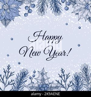 Frohe Weihnachten und frohe Neujahrswünsche mit blauer Grußkarte. Festlicher Hintergrund mit handgezeichneten Winterpflanzen. Vintage-Design im Sketch-Stil. Platz für tex Stock Vektor