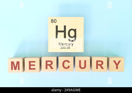 Merkur chemisches Element Symbol mit atomarer Masse und atomarer Zahl in Holzblöcken flache Lay-Zusammensetzung. Chemie und Wissenschaft Konzept. Stockfoto