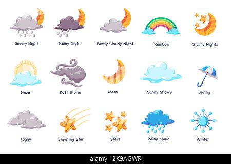 Wettersymbol setzt die Erfassung von Wetterereignissen vom Regenbogen bis zum prognostizierten Staubsturm Stock Vektor