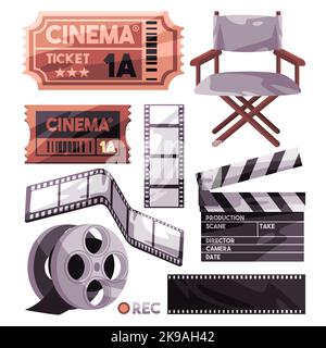 Filmkino Produktionsobjekte vom Regiestuhl Klappboard Filmstreifen und Rollticket Stock Vektor