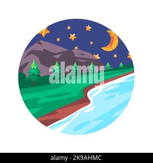 Flussufer in Bergwald mit Himmel Nacht voller Sterne Illustration in Cartoon-Kreis Stock Vektor