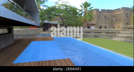 Wunderbarer Pool mit klarem blauen Wasser auf der Dachterrasse eines privaten modernen Hauses im alten Stadtteil von Rio de Janeiro. Die Schritte sind trans Stockfoto