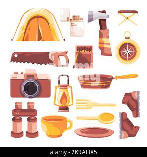 Sammlung Set Symbol Illustration Objekt für Camping Wandern Abenteuer Outdoor-Aktivitäten Stock Vektor