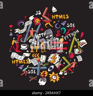 IT-Spezialisten Teamarbeit schreiben Codesymbole rund Doodles Stock Vektor