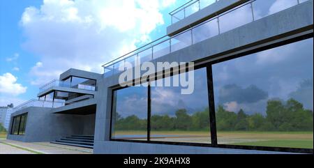 Revolution Disign Beton Bürogebäude mit großen Spiegel Panoramafenster. Mehrstufige Terrassen mit Zäunen aus Glas und Stahl. Atemberaubende c Stockfoto