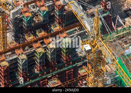 Luftaufnahme des M+ Museums für visuelle Kultur, im West Kowloon Cultural District, Hong Kong, im Bau im Jahr 2017 Stockfoto