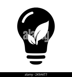 Schwarzes Umweltsymbol in flacher Ausführung. Pflanze in der Birne in schwarz. Symbol für Energiesparlampe. Ökologie Glühbirne mit Pflanze mit Blatt-Symbol. Einfache Füllung Stock Vektor