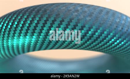 3D Hyper-realistische Darstellung von Torus oder Donut oder Reifen mit metallischer Textur und Zickzack-Karbonfaser-ähnlichem Karbonfasermuster Stockfoto