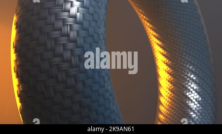 3D hyperrealistische Darstellung von Torusobjekten oder Donuts oder Reifen mit Kohlefasermuster und -Textur in dunkler Umgebung Stockfoto