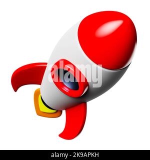 Rot-weiße Cartoon-Rakete, die auf den Betrachter zugeht. 3D Rendern Stockfoto