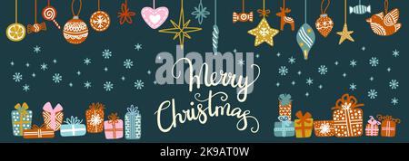 Horisontale Grußkarte mit Schneeflocken, Geschenken und Weihnachtsdekorationen Vektorgrafik auf dunkelblauem Hintergrund. Fröhliche Weihnachtsschrift. Für Stock Vektor