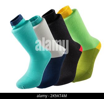 Mehrfarbige Socken in verschiedenen Designs, knielange Stricksocken. Hochauflösendes Foto auf weißem Hintergrund isoliert. Stockfoto