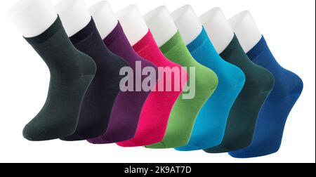 Mehrfarbige Socken in verschiedenen Designs, knielange Stricksocken. Hochauflösendes Foto auf weißem Hintergrund isoliert. Stockfoto