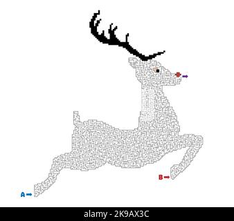 Vektor-Illustration von Labyrinth Puzzle-Spiel für Kinder mit Hirsch Renifer Charakter. Labyrinth in der Kontur von Renifer. Labirynth mit zwei Einträgen und einem Stock Vektor